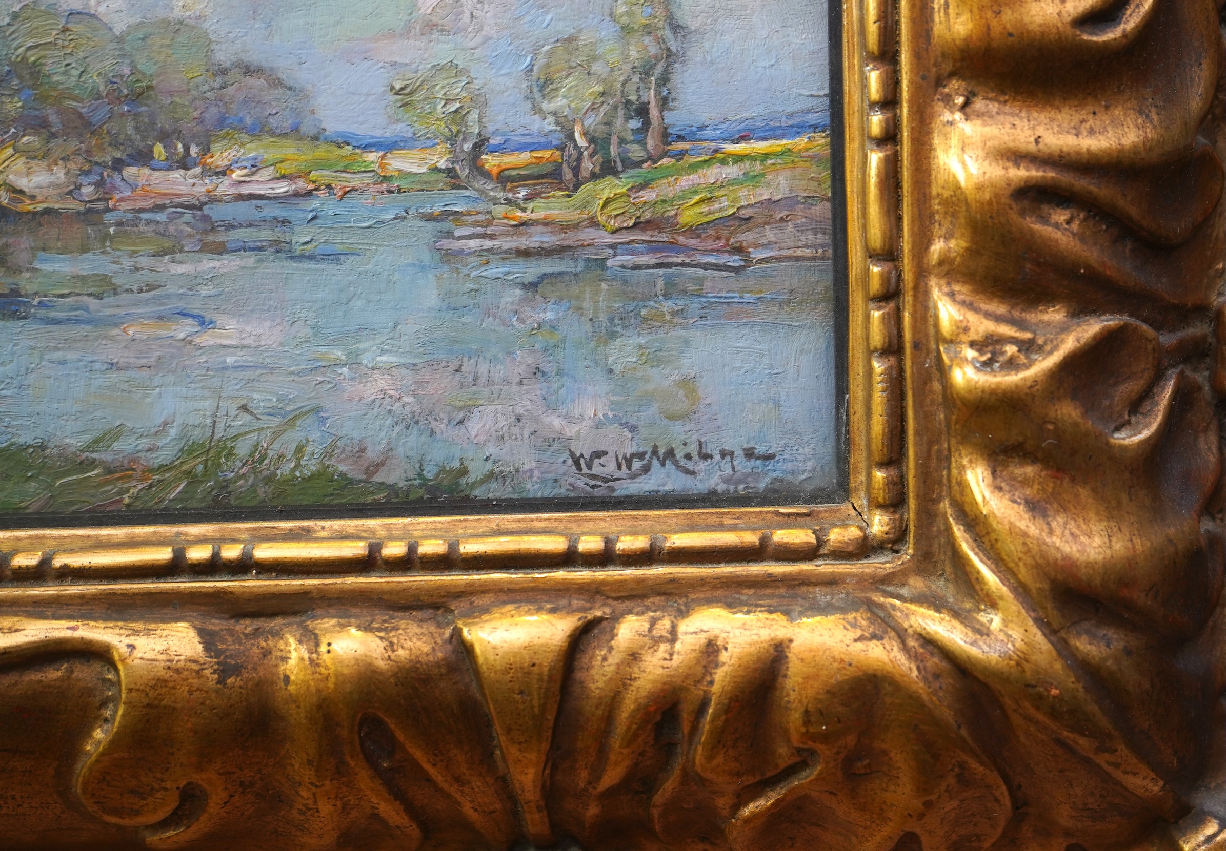 William Watt Milne, 1865-1951, A riverside cottage with figures